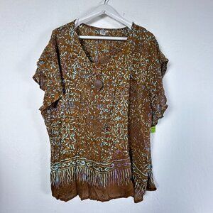 Hands Kreation Womens Brown Floral Batik Button Accent Short Sleeve Top OS New
